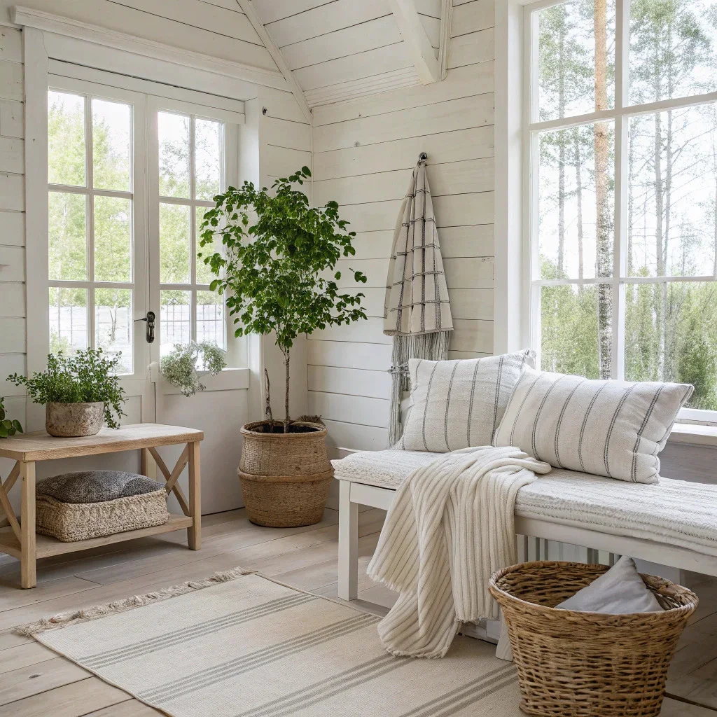 Coastal farmhouse living space with soft blues, sea-glass greens, woven seagrass textures, and driftwood tones.