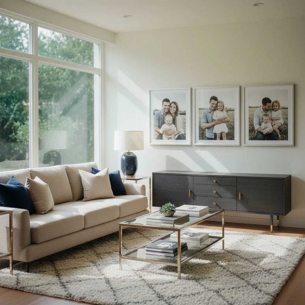 Transitional room with triptych family portraits