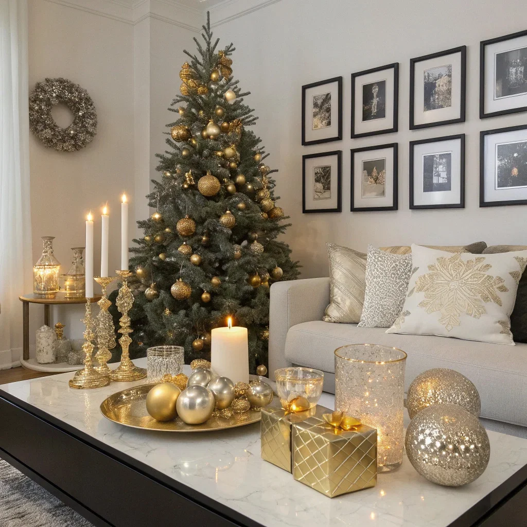 A glamorous Christmas scene with gold and champagne accents, candlelit décor, cut-glass details, and sleek black-framed evening portraits displayed above a sparkle-filled mantel.