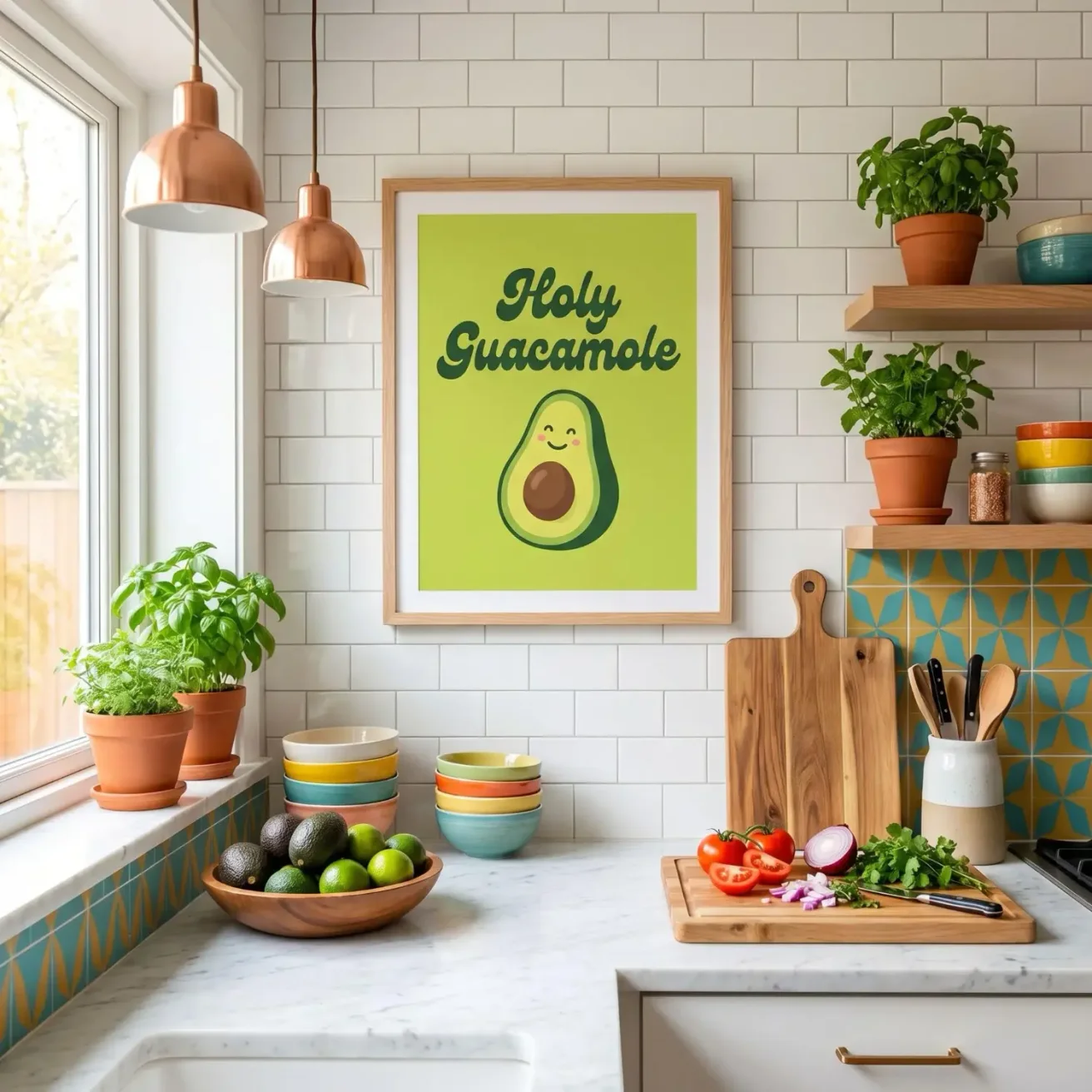 Funny Holy Guacamole framed print in modern kitchen