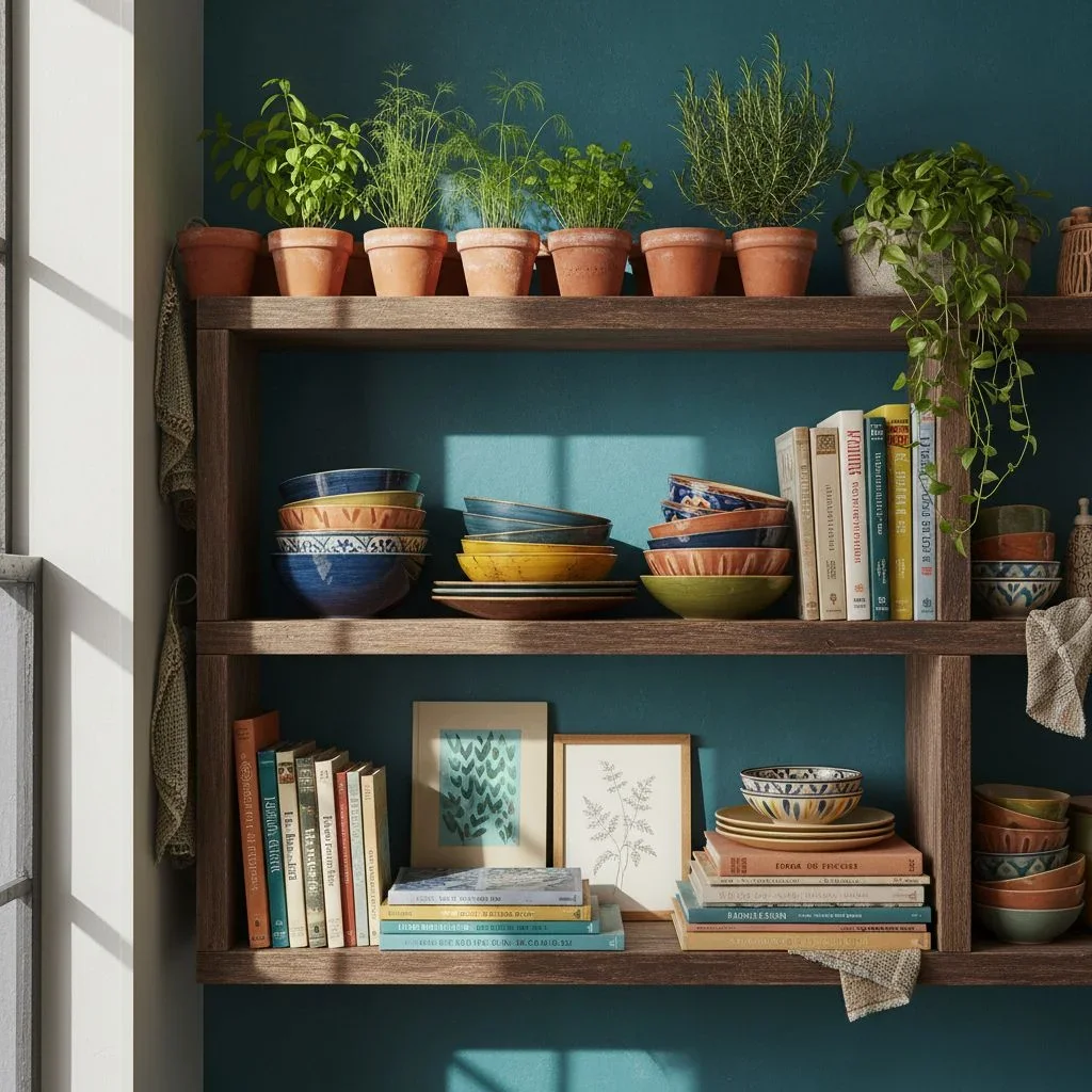 Kitchen shelves with ceramics, herbs, and framed prints