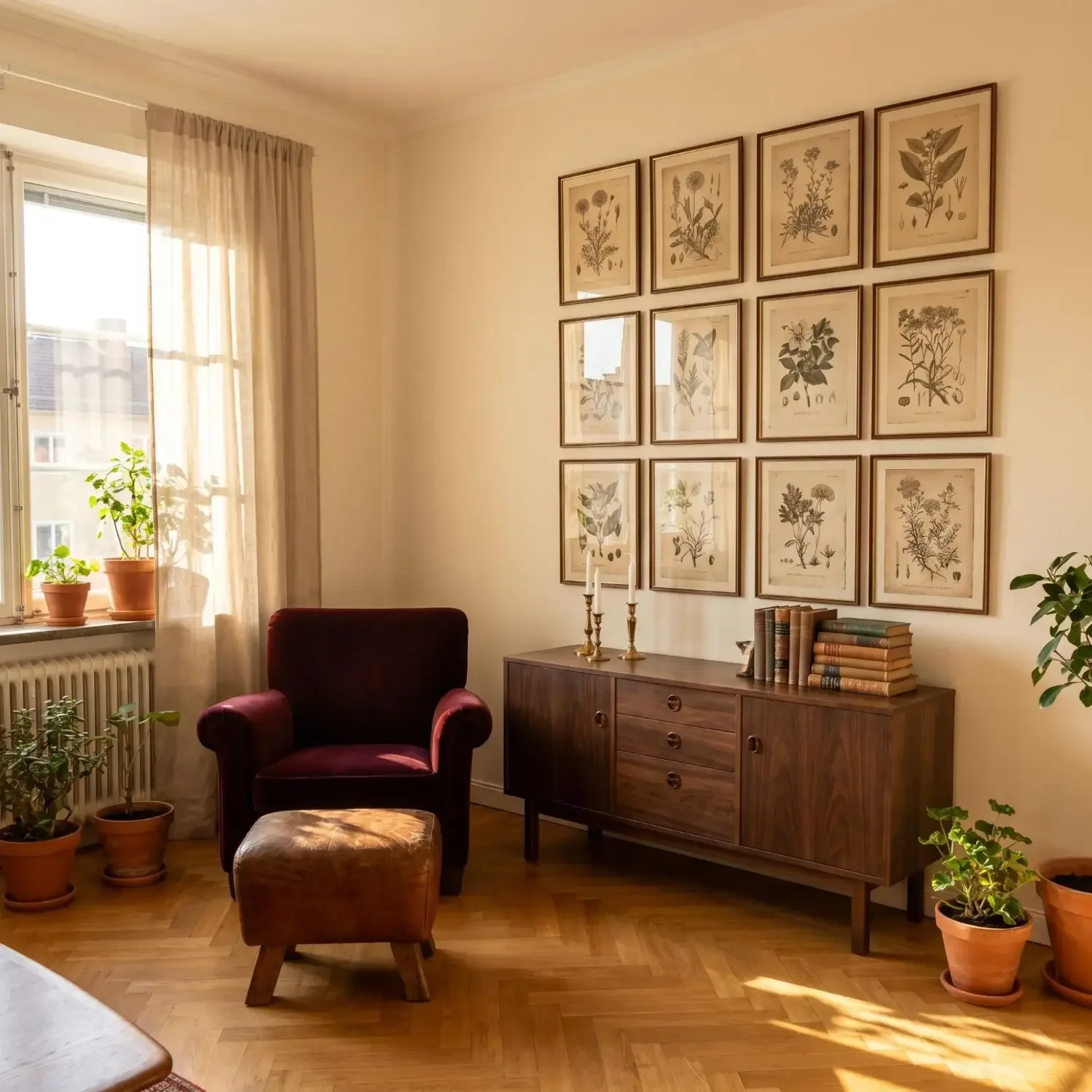 Vintage botanical illustration framed art in living room