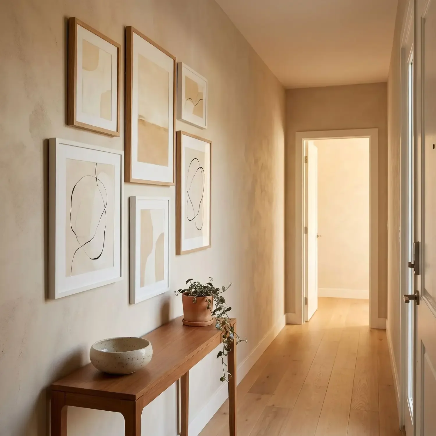 Abstract framed pictures in hallway entryway