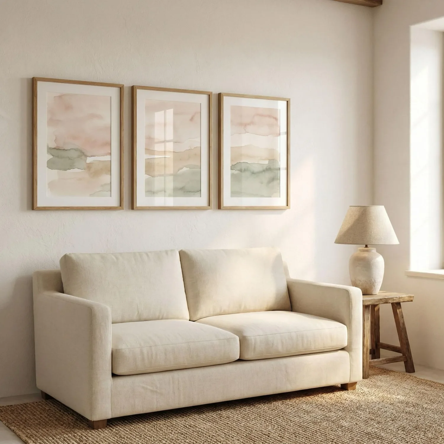 Triptych framed artwork above a small sofa