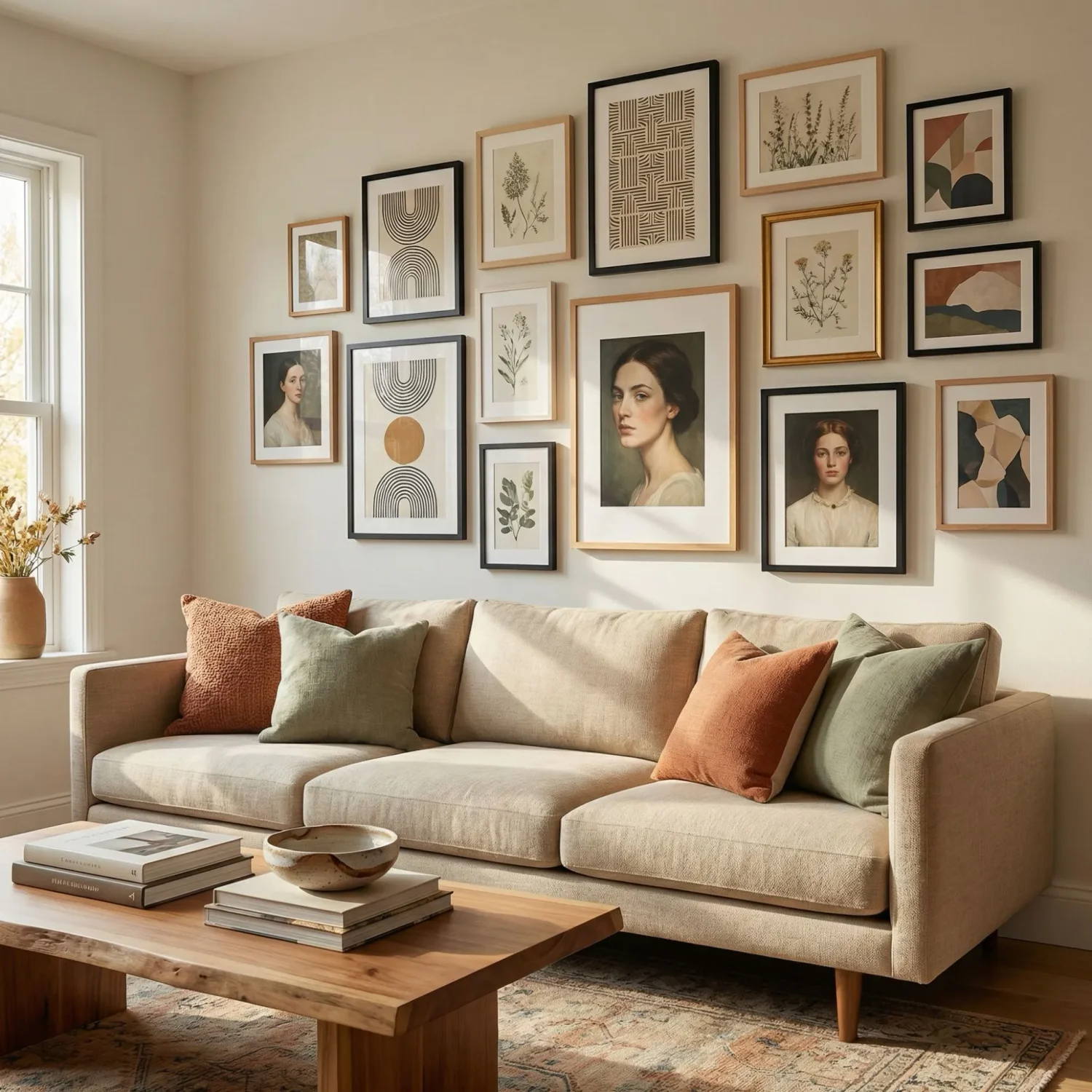 Mix-and-match gallery wall with geometric and botanical art
