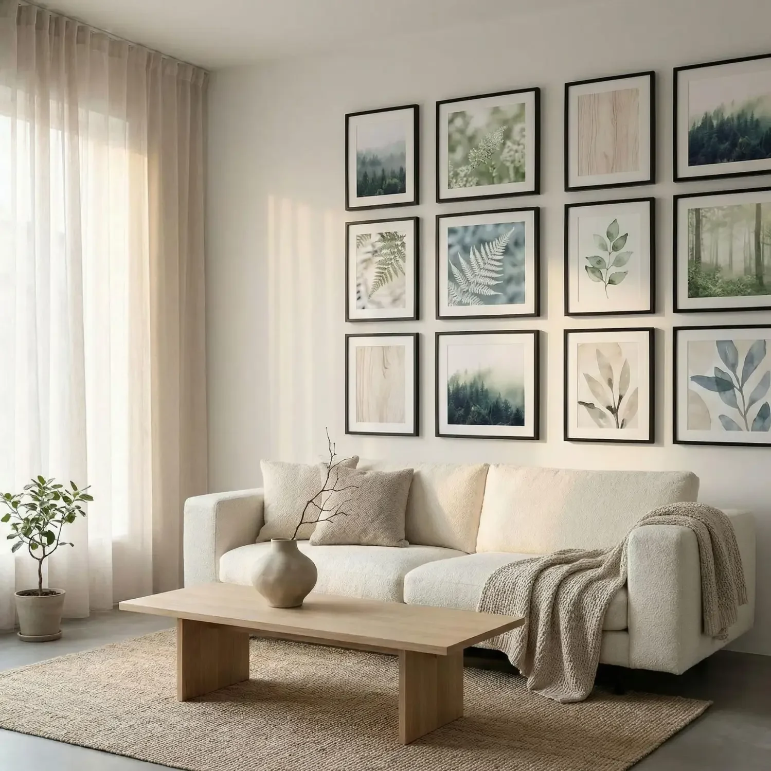 Scandinavian living room with nature framed photos