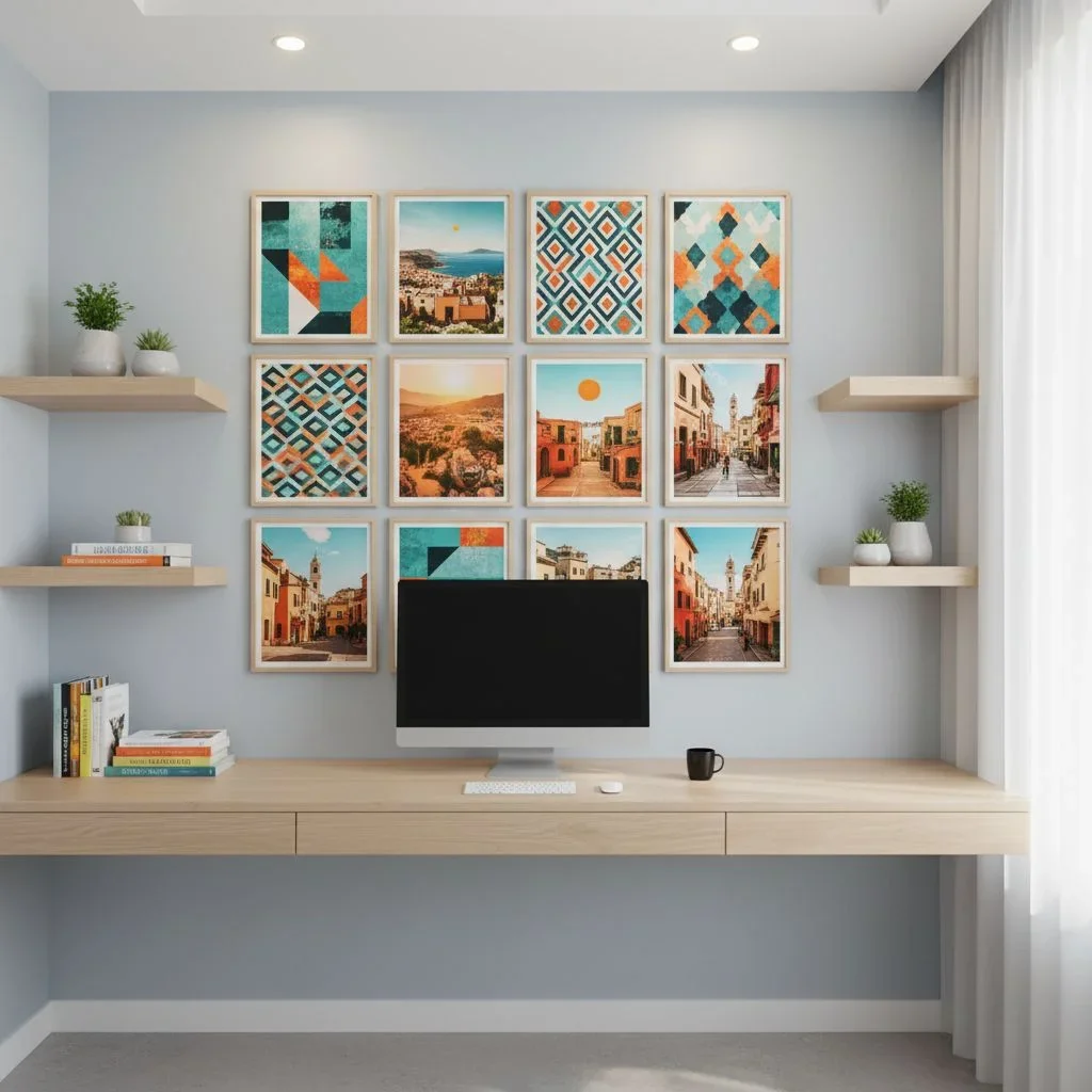 Modern office corner with tidy wall grid