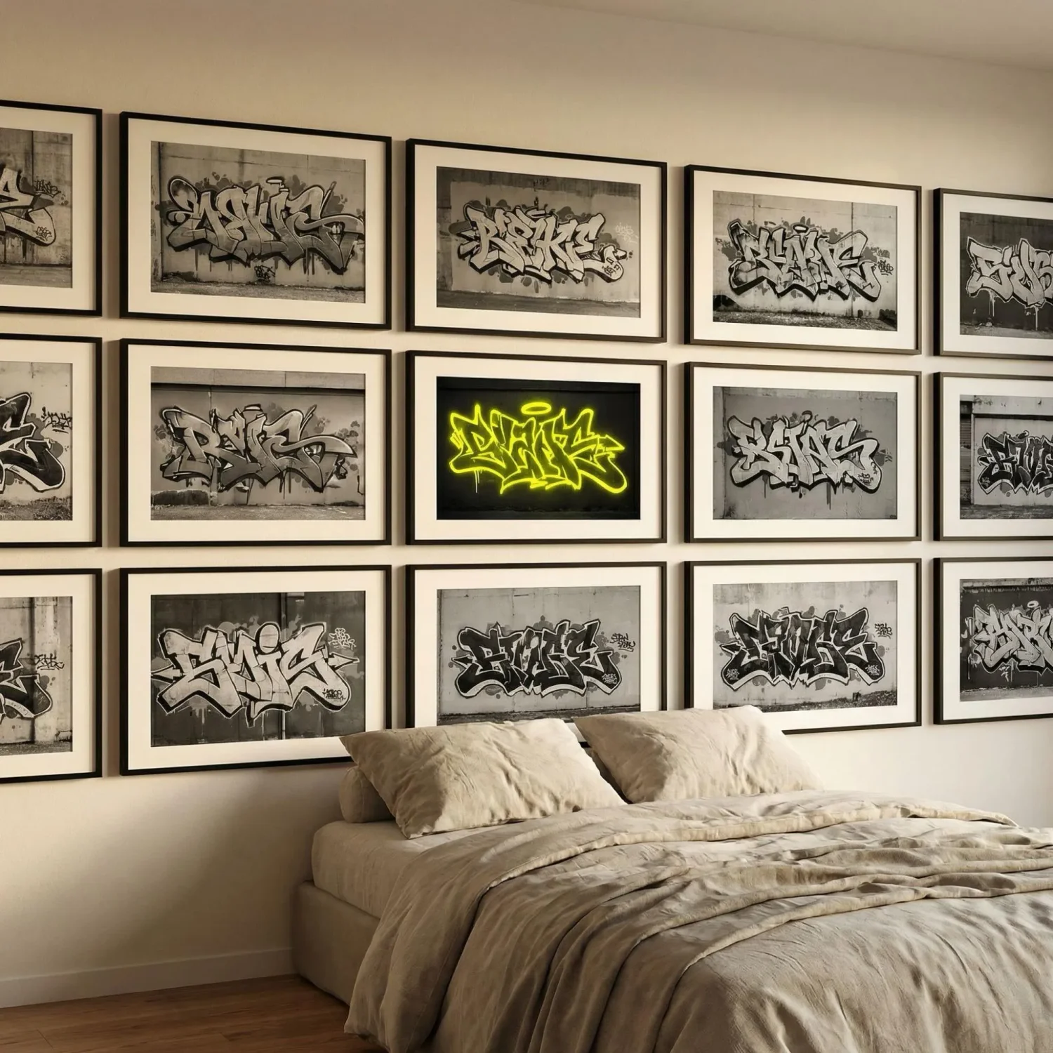 Monochrome graffiti framed pictures bedroom wall