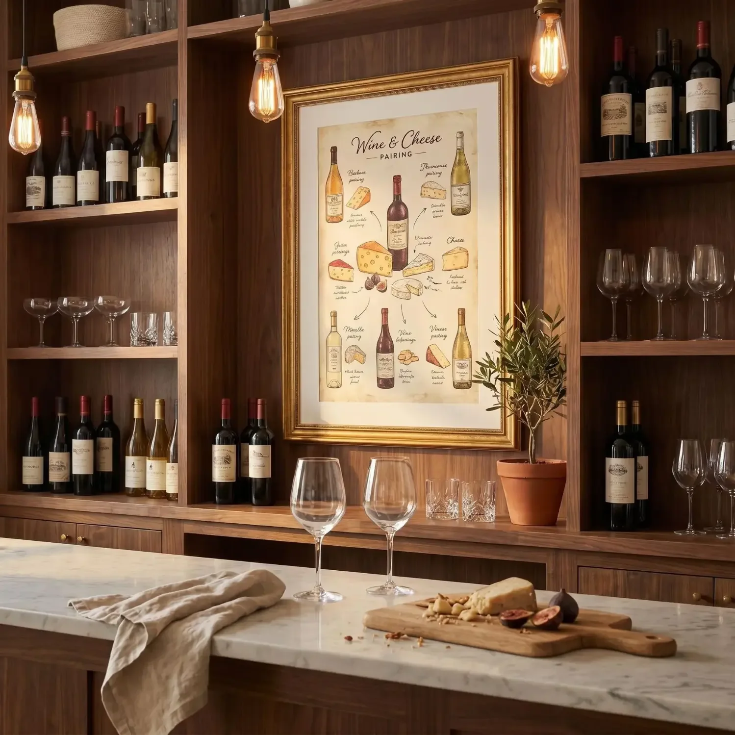 Wine cheese pairing chart wall art between open shelving