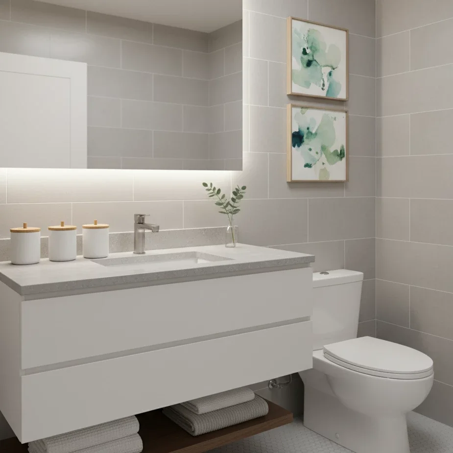 Minimal bathroom with white vanity, art, and soft lighting