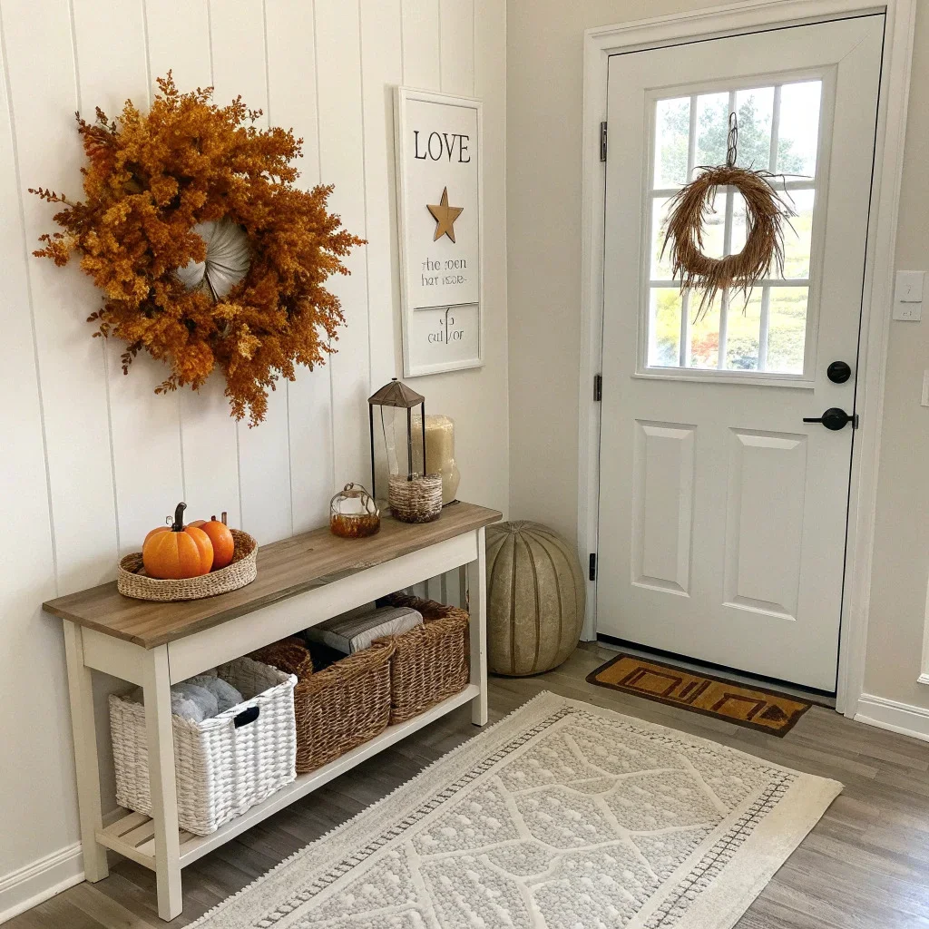 A welcoming fall entryway with a simple wreath, a textured doormat layered over a larger neutral rug, a small dish for keys on the console, and a diffuser giving off subtle orange and clove scent.