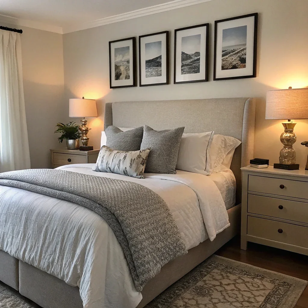 Soothing Nancy Meyers–style bedroom with layered neutral bedding, warm bedside lamps, blackout shades, and a small trio of black-and-white photos above the headboard.