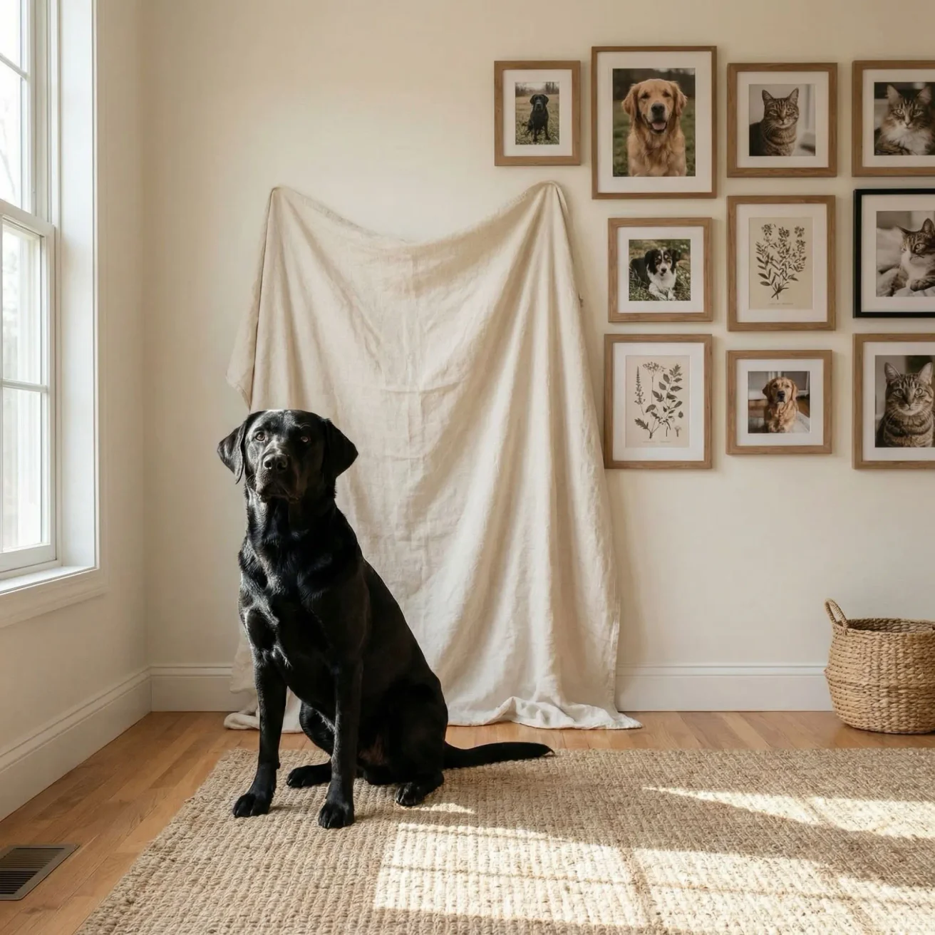 Dog portrait with draped blanket backdrop at home