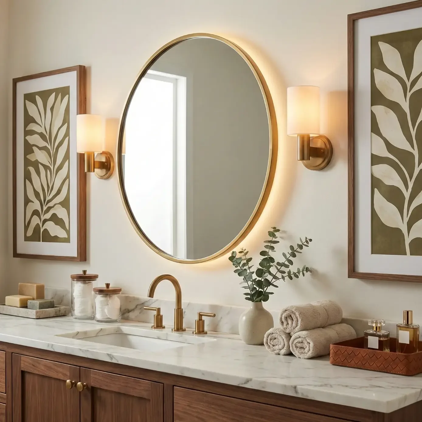 Elegant bathroom vanity with round mirror and brass sconces.