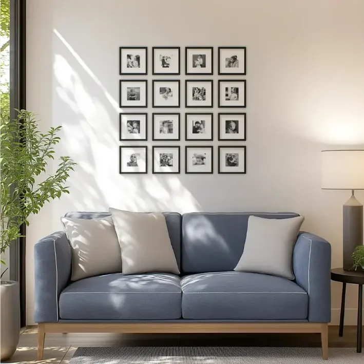 Sofa with grid of black and white framed photos above