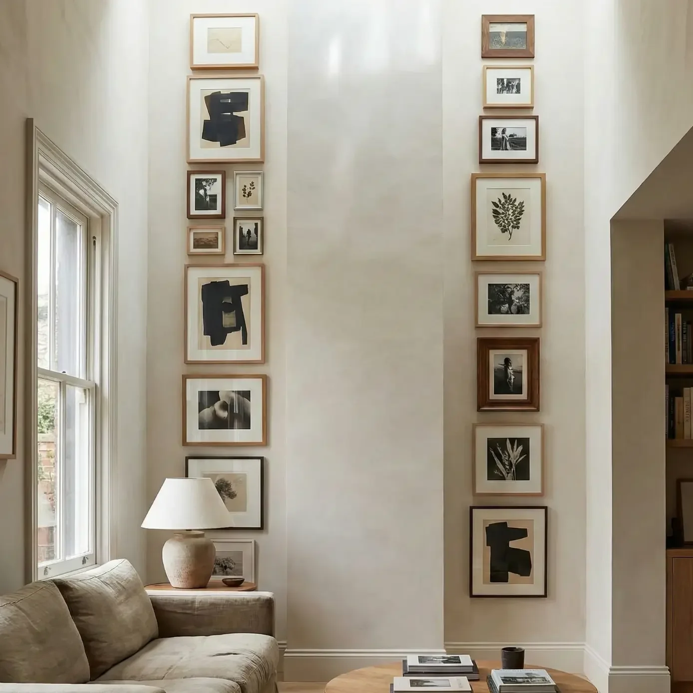 Tall gallery wall with framed art in airy living room.