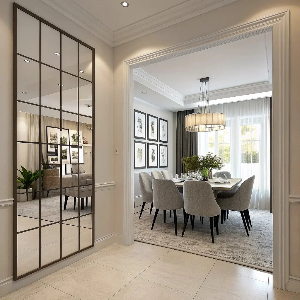 Dining room showing the designated focal wall with a mirror centered above the table and visible from the entry.