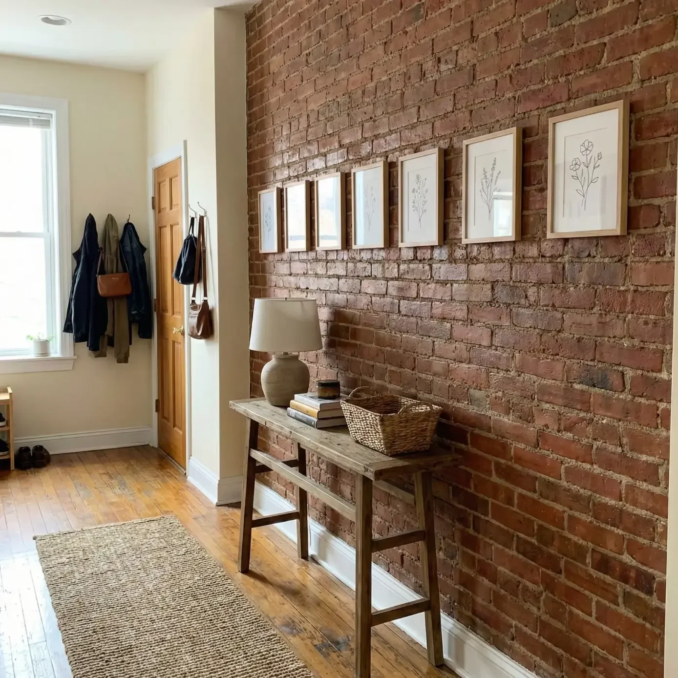 Bright hallway with exposed brick wall, slim console table, and a row of framed sketches.