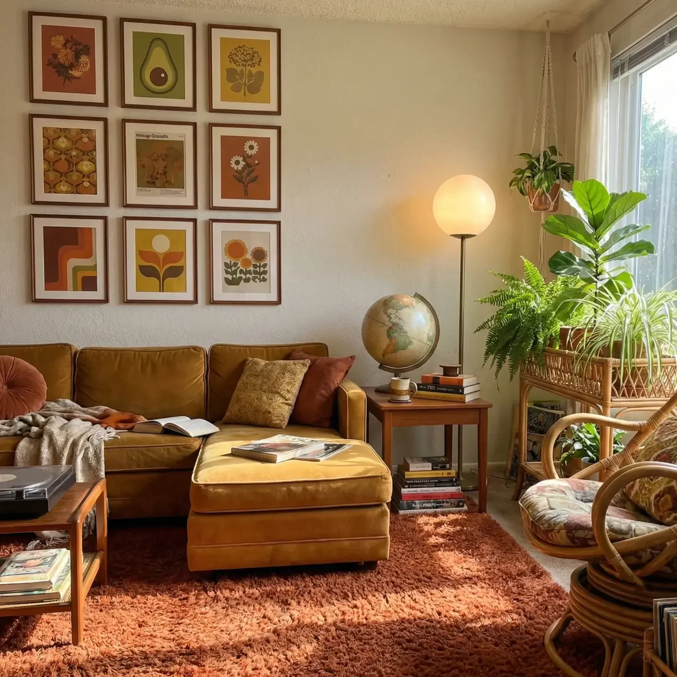 Retro living room with gallery wall, plants, and orange rug