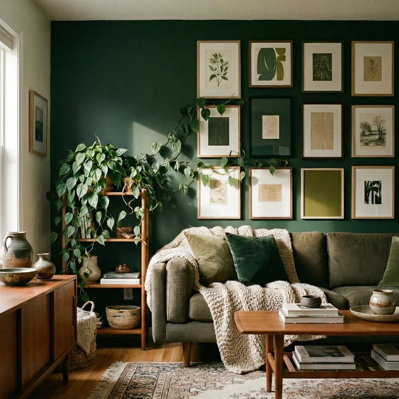 Cozy green living room with gallery wall and lush trailing plants
