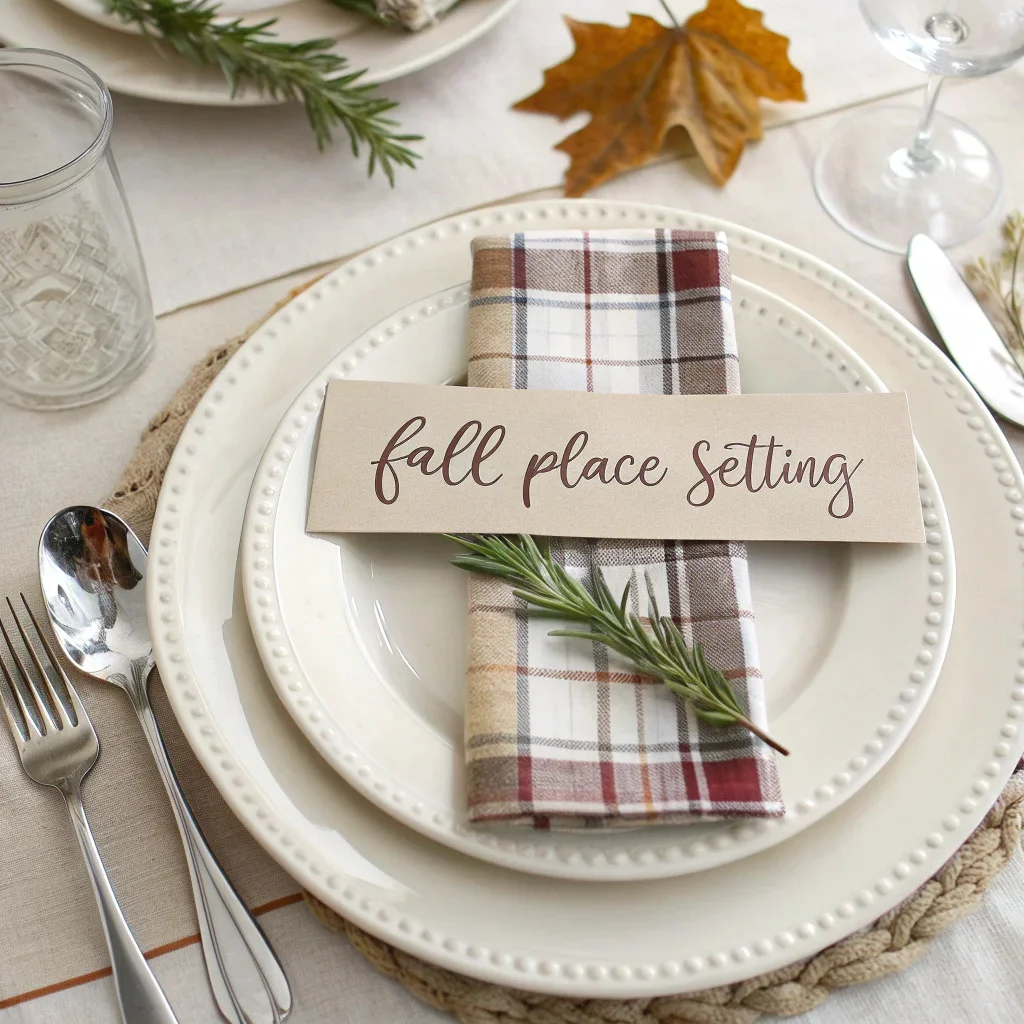 Simple fall place settings with neutral plates, plaid napkins folded over each one, and a single seasonal detail—like a leaf, rosemary sprig, or handwritten name card—creating a welcoming touch.