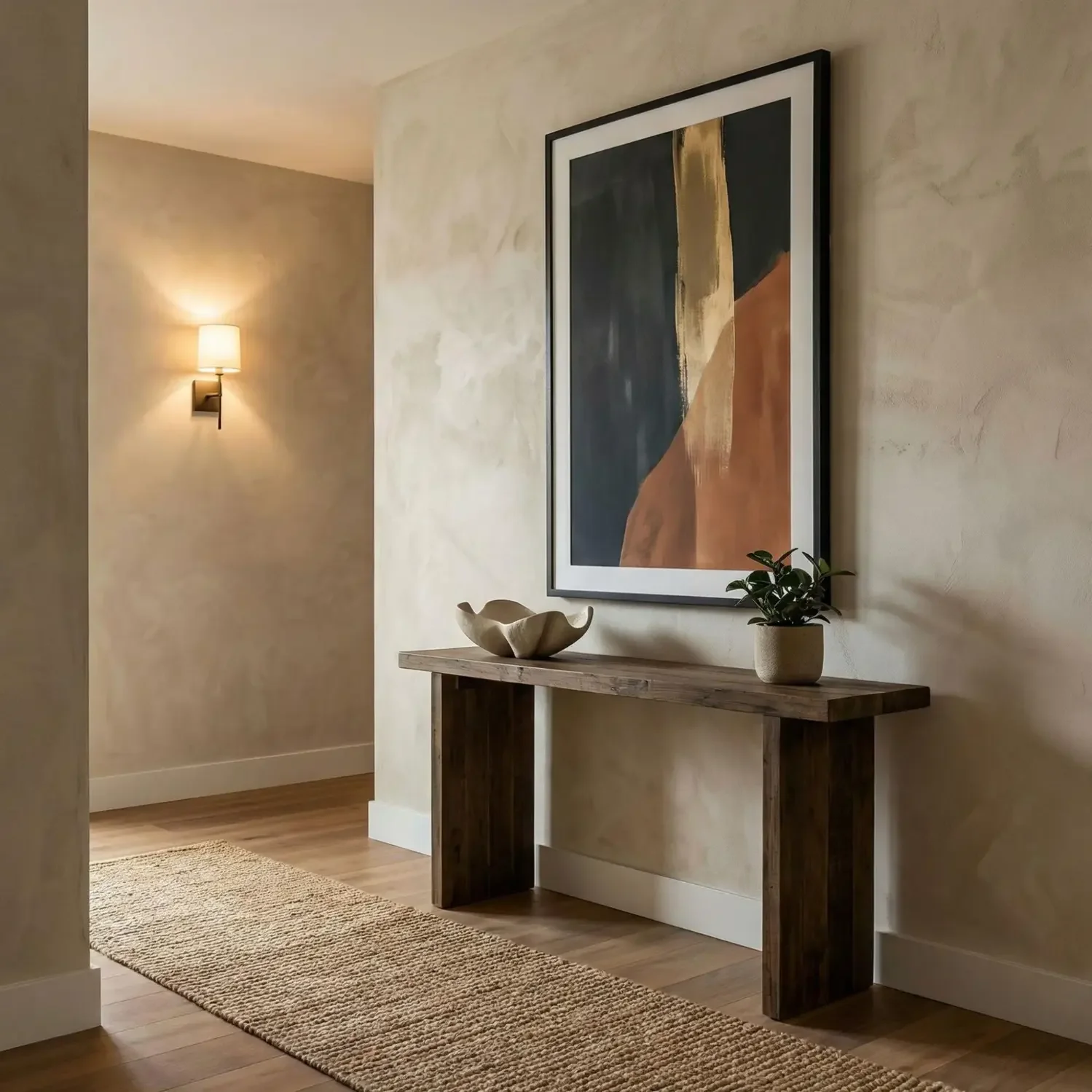 Bold vertical framed art in home entryway