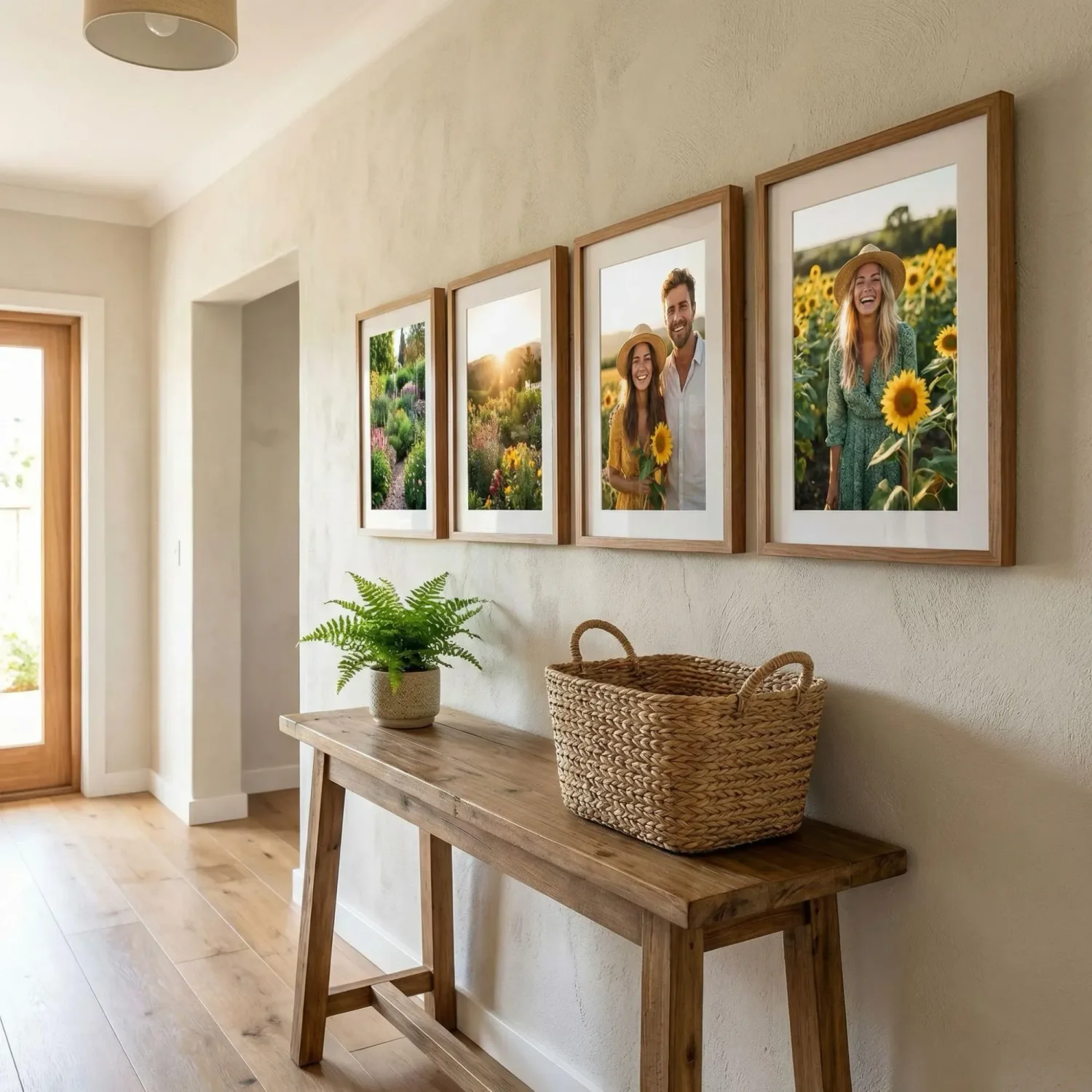 Linear framed photos set in bright home entryway