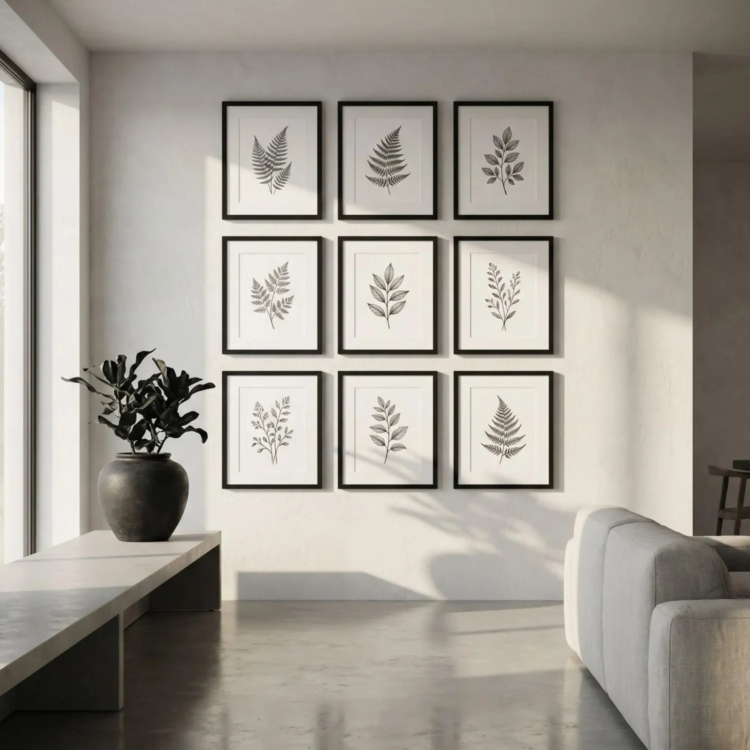 Modern minimal botanical gallery wall in black frames
