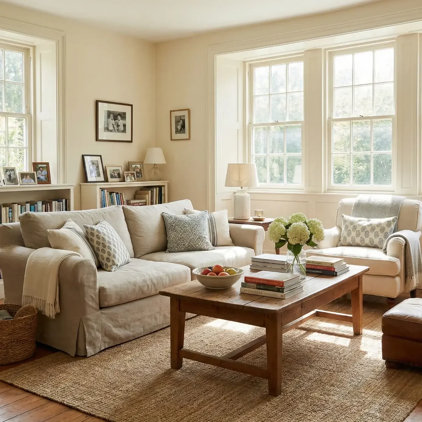 Sunlit living room with linen sofa, wood table, and family photos.