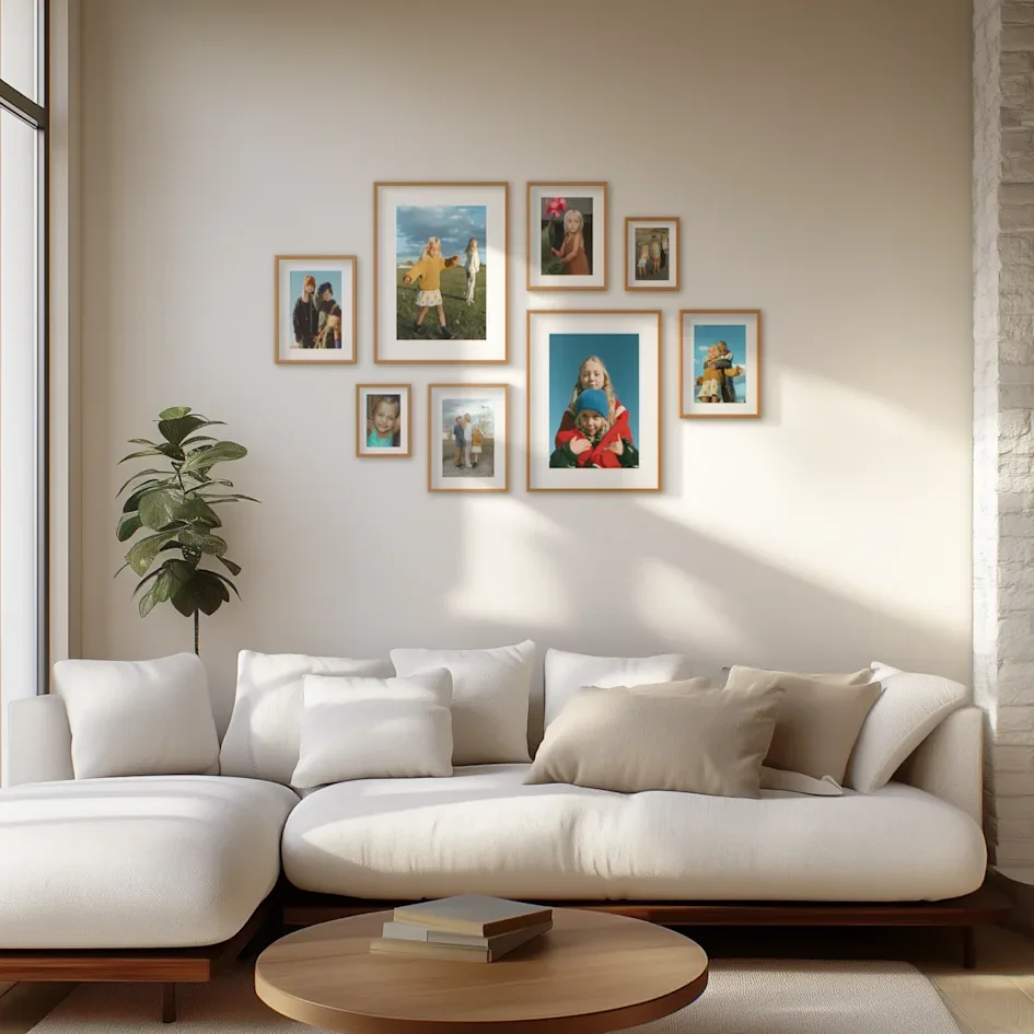 salon-style photo grid on tall wall