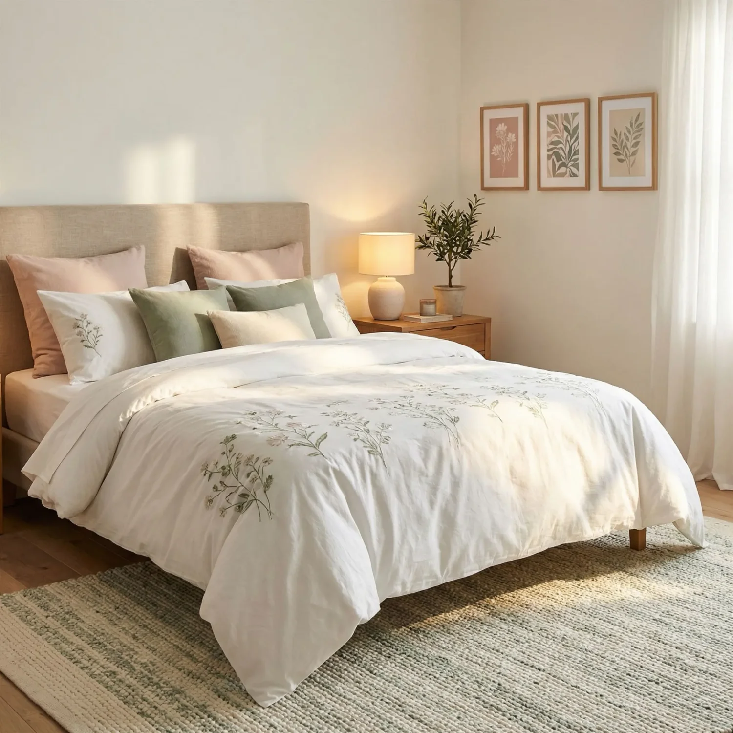 Floral bedroom with sage green and blush palette