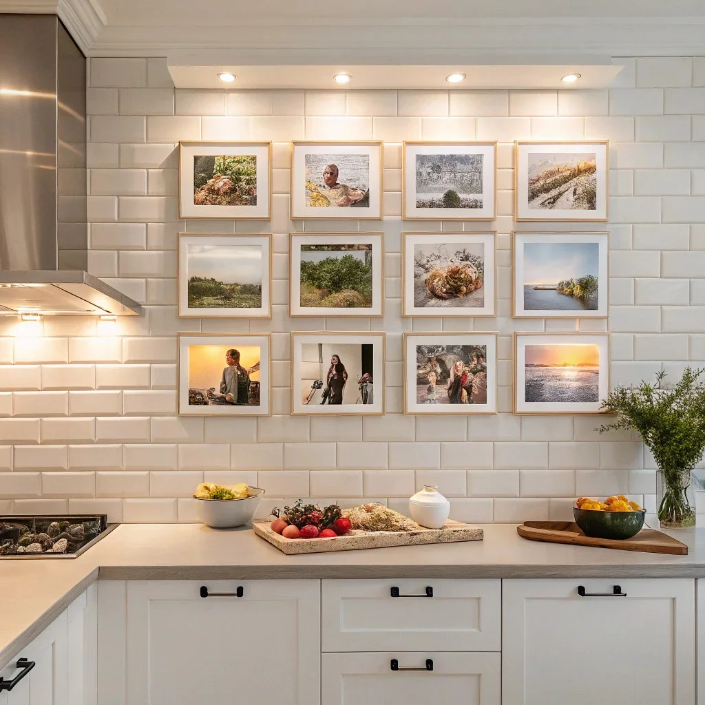 A bright kitchen wall featuring a cohesive photo gallery of family food moments, travel café scenes arranged in clean, matching frames.