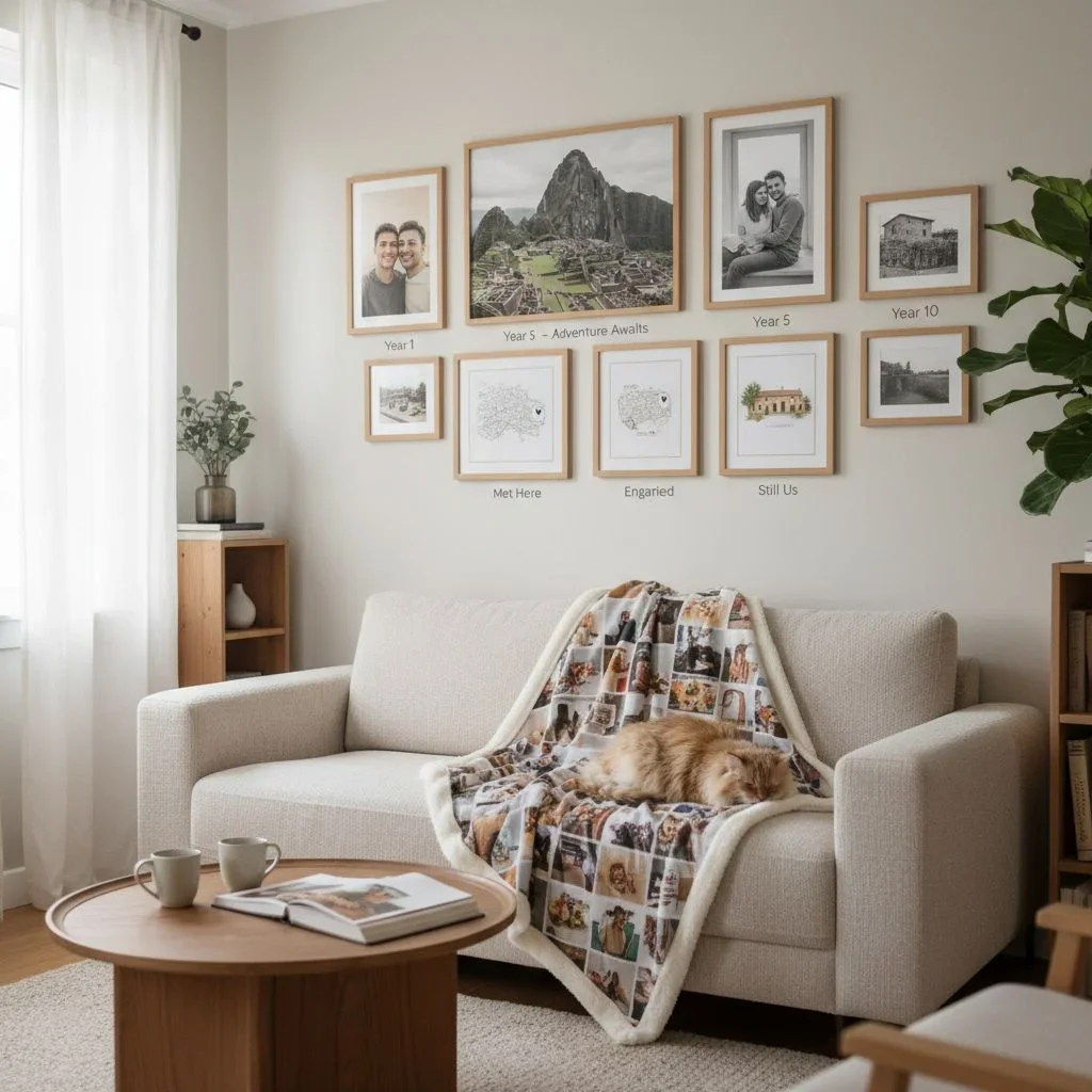 Anniversary timeline and cozy photo blanket scene