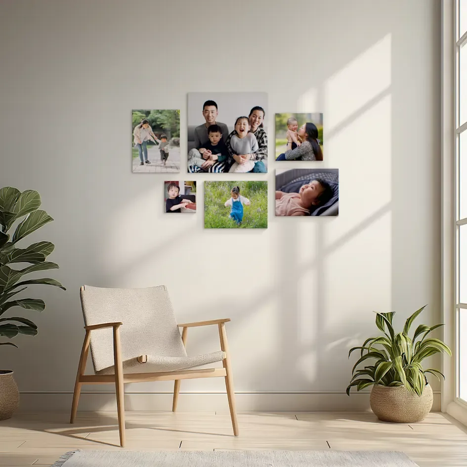 Small family photo collage arranged above a chair