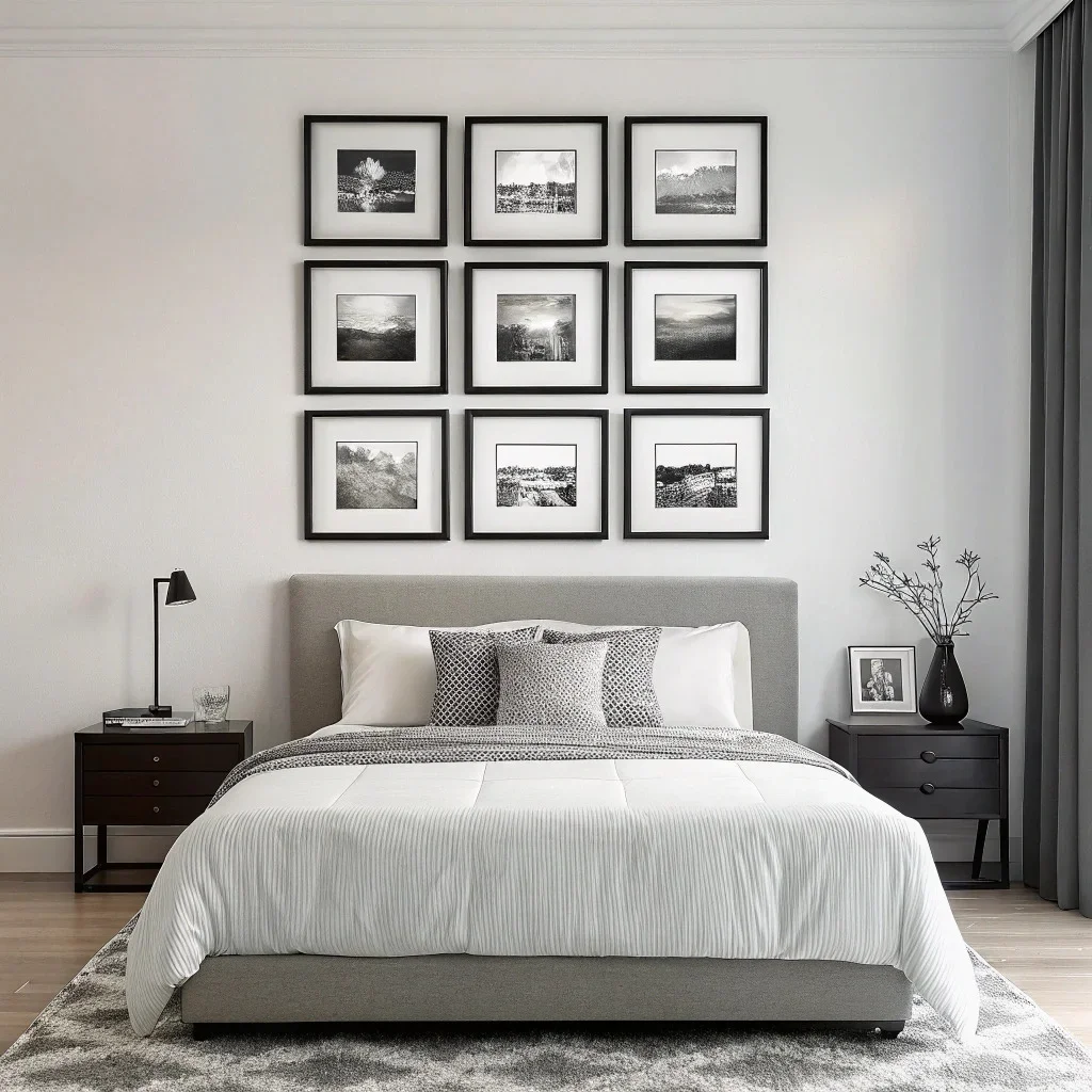 Bedroom featuring frames pictures above bed.