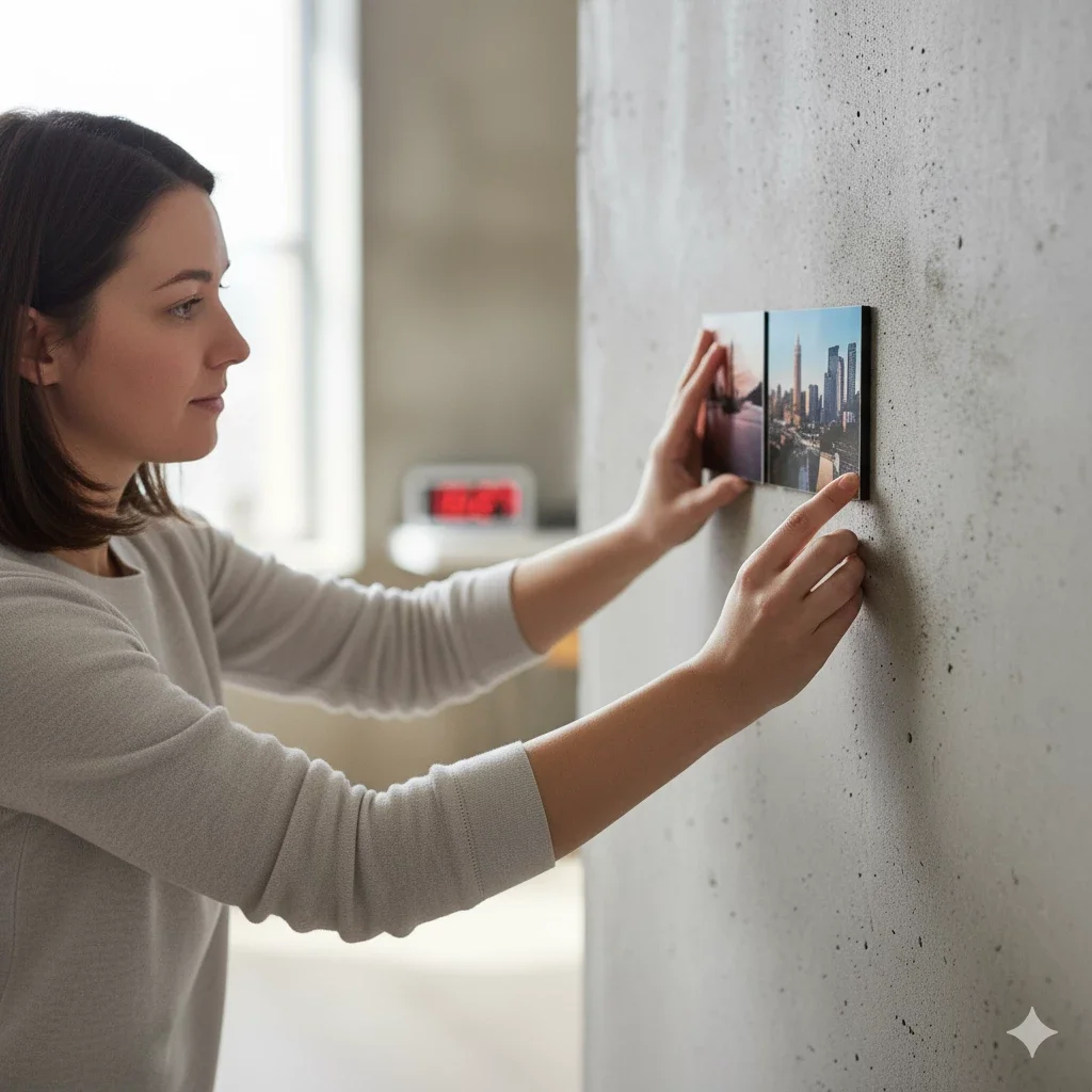 woman pressing photo tiles onto concrete wall
