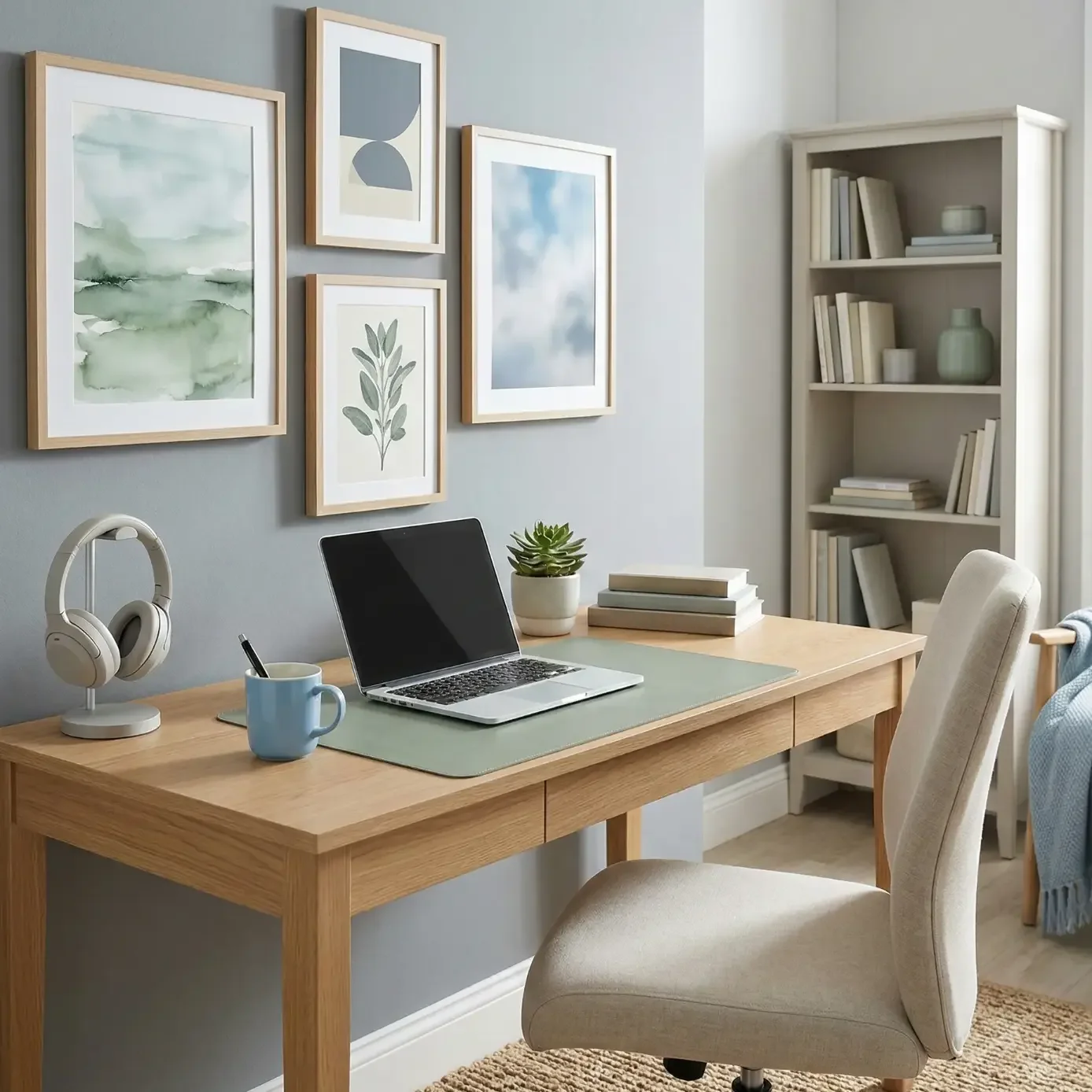 Minimal home office desk with laptop, wall art, and books