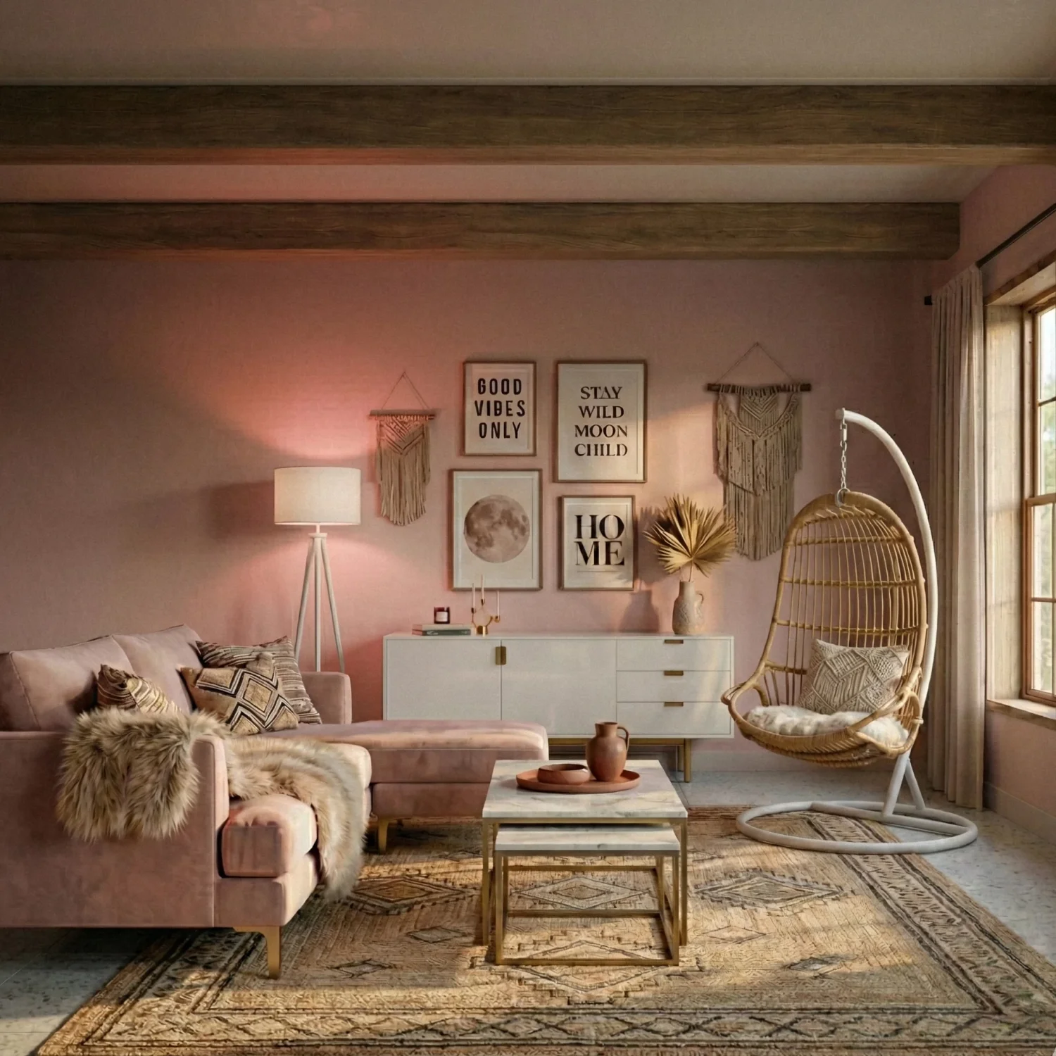 Boho pink living room with hanging chair and cozy layered décor