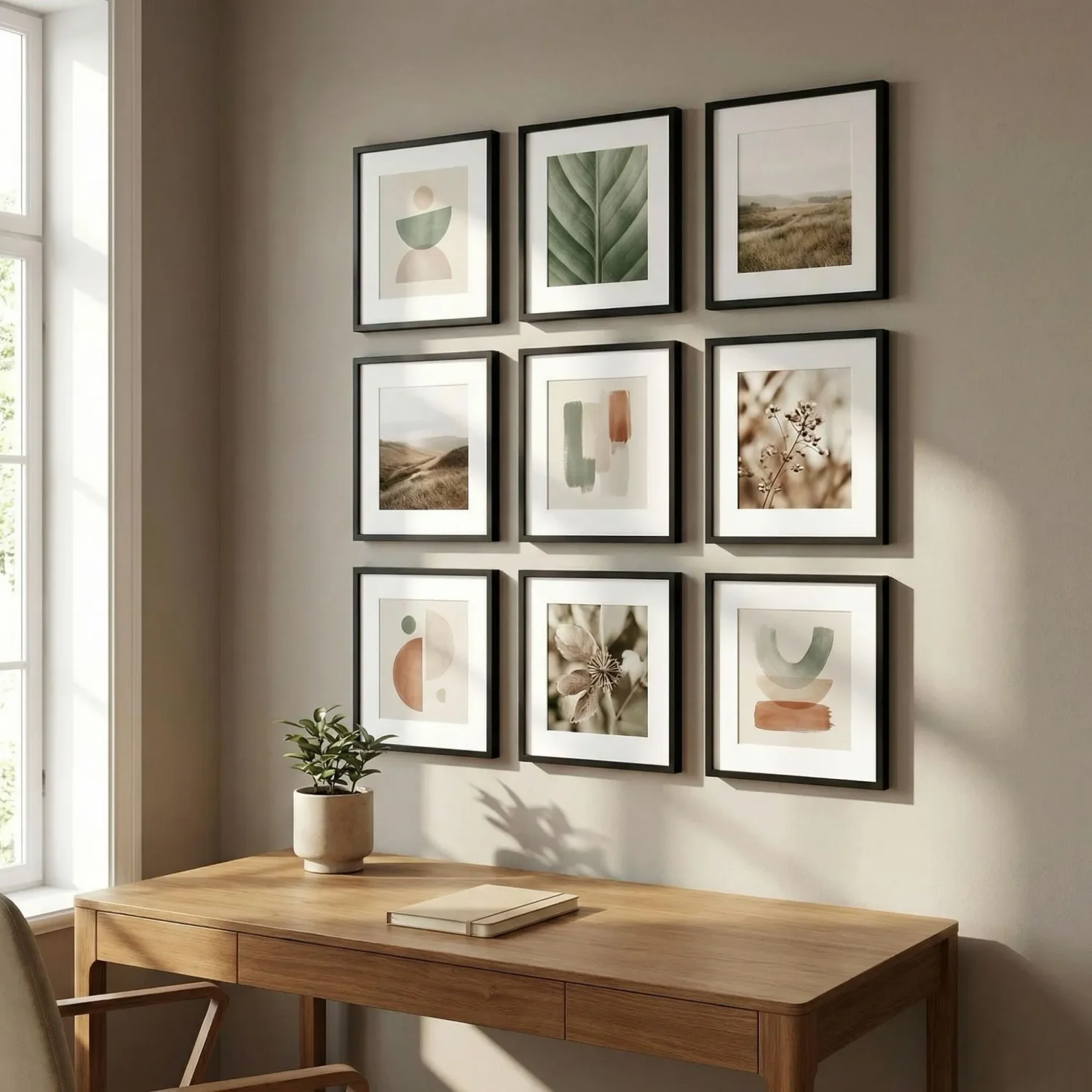 Symmetrical 9-panel grid wall of framed photos