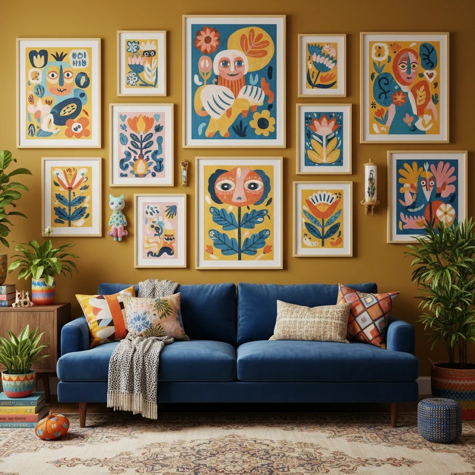 Colorful gallery wall above blue sofa in eclectic living room