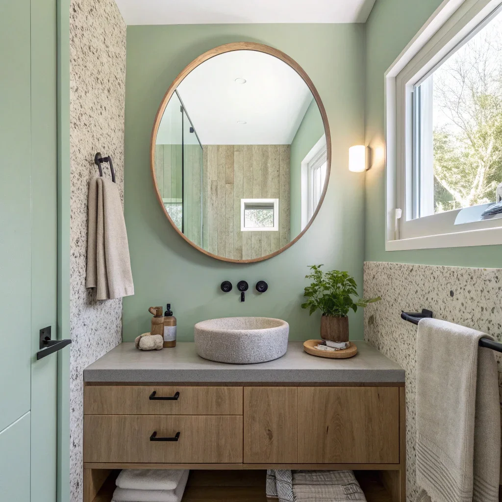 Small bathroom with light green walls and a round mirror reflecting light.