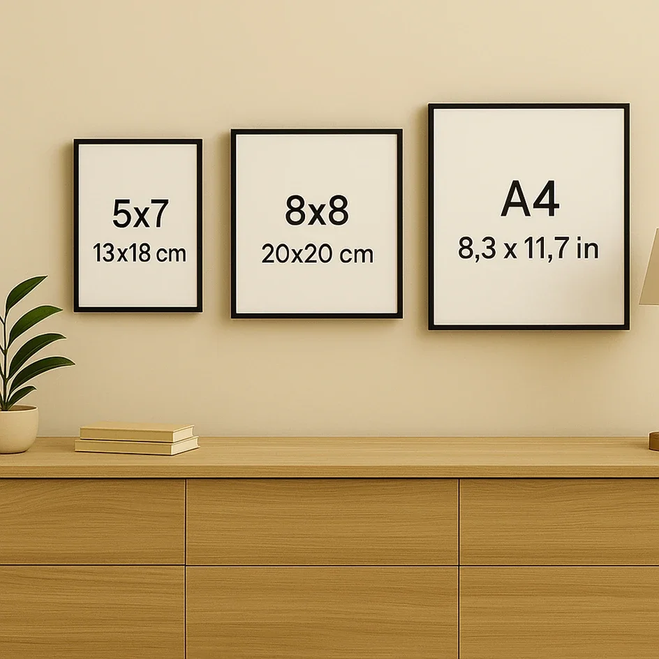 5x7, 8x8, a4 canvas frames displayed over wood credenza
