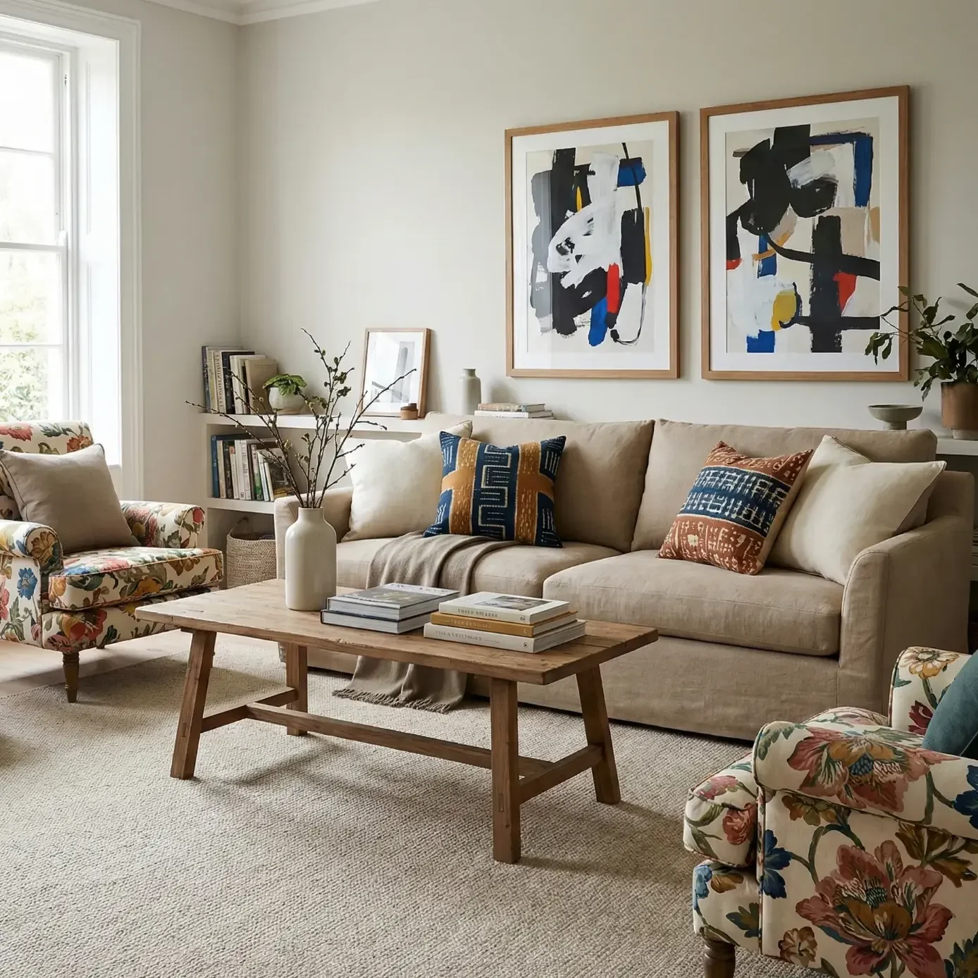 Bright living room with beige sofa, abstract art, and floral chairs