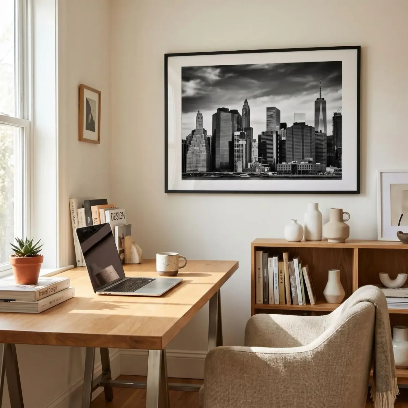 Black and white city skyline art in home office