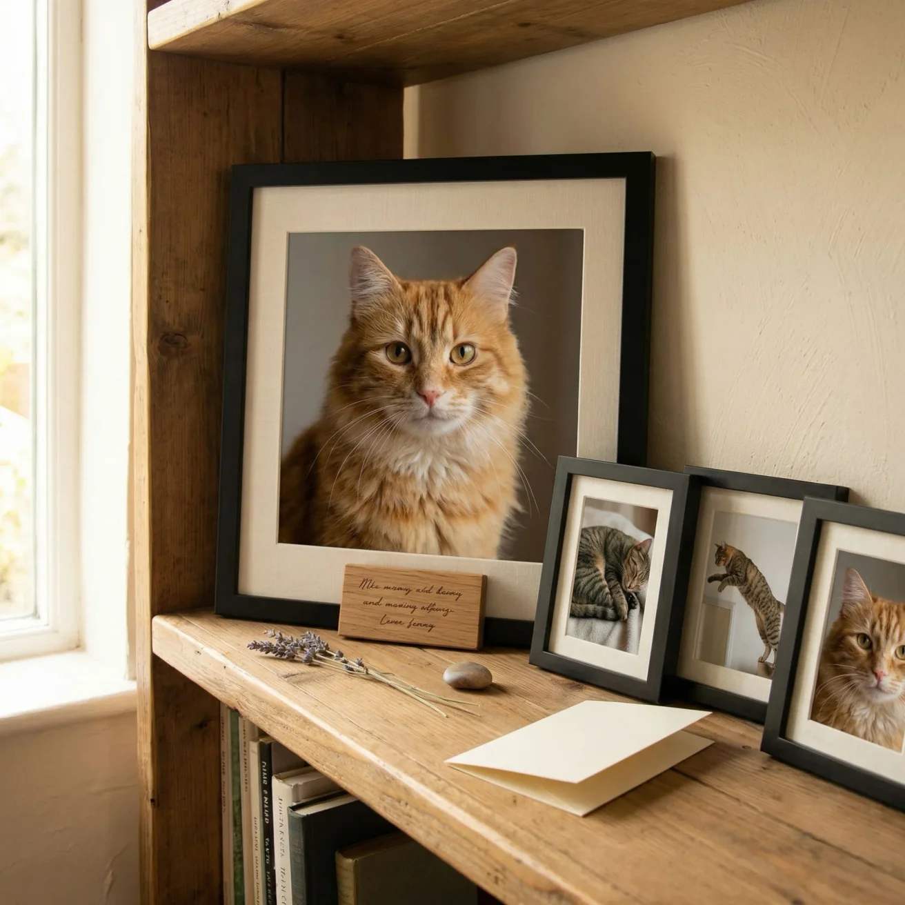 Memorial framed cat photo display on cozy shelf