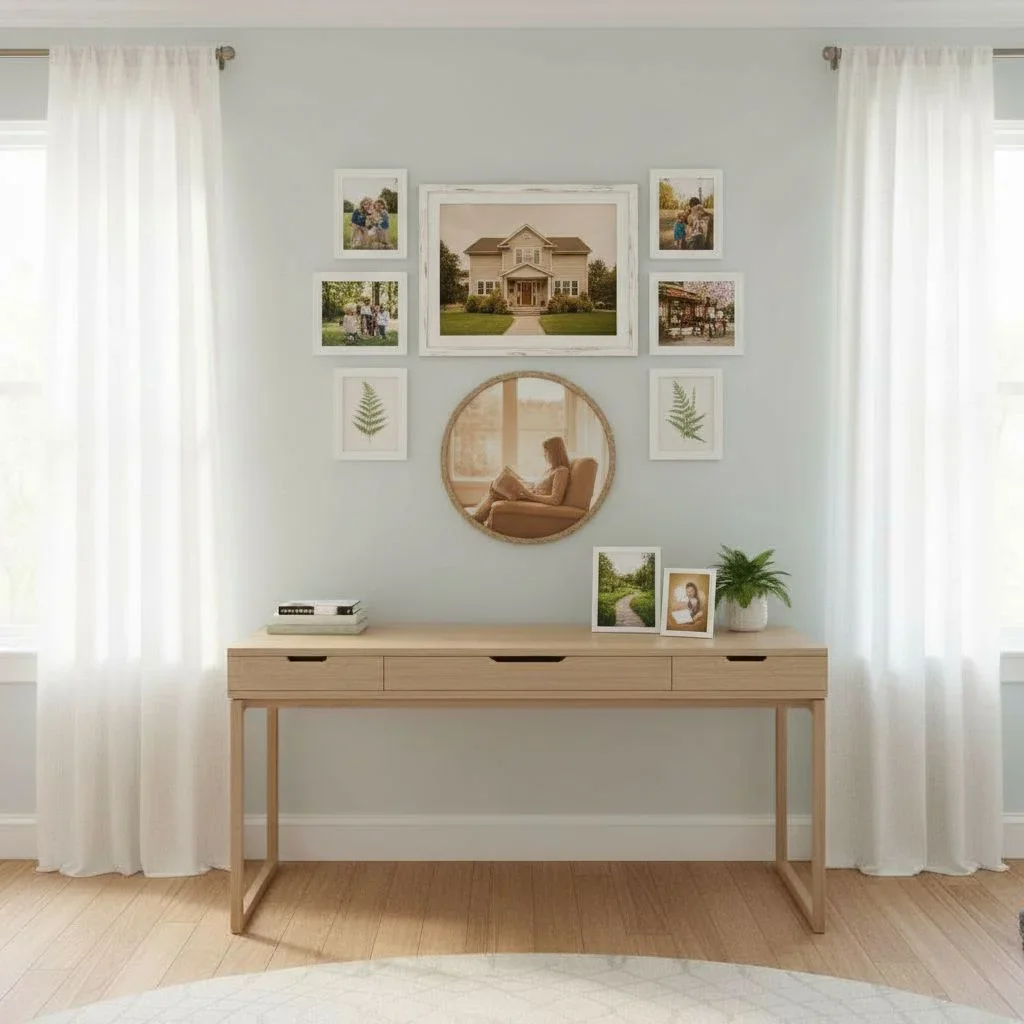 Welcoming entryway with home photo tile grid