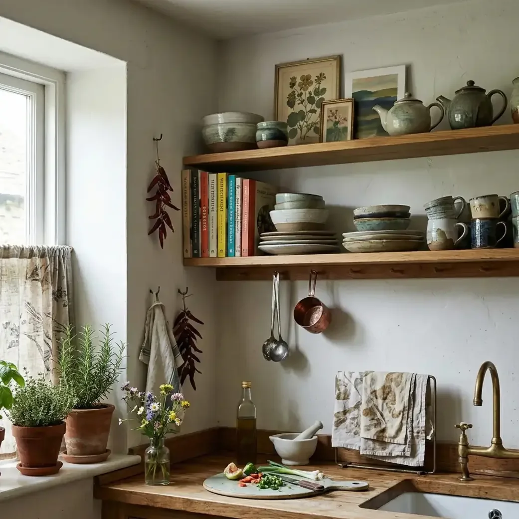 Rustic kitchen with open shelves, herbs, and farmhouse sink