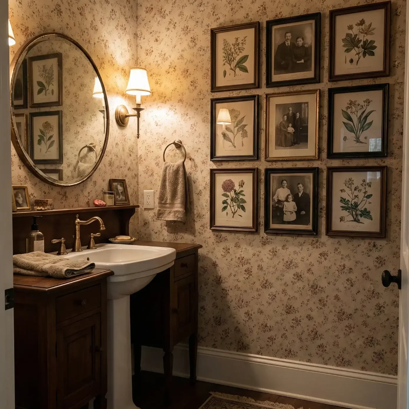 Vintage powder room with floral wallpaper and gallery wall