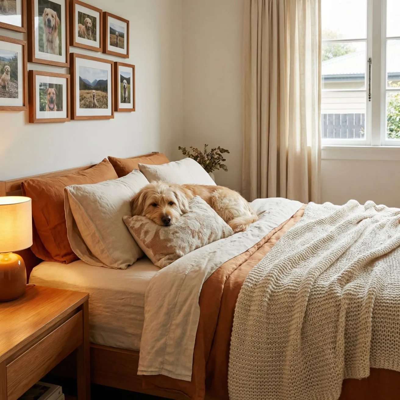 Dog resting chin on pillow on bed at home