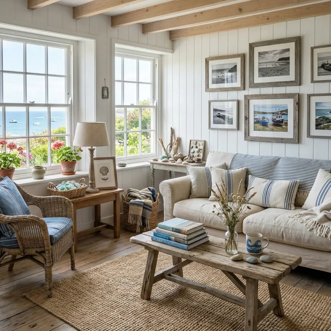 Cozy coastal cottage living room with ocean view and framed art
